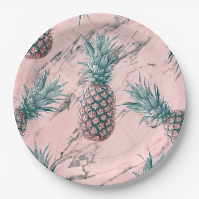 Pineapple Pink Marble Swirl Modern Party Paper Plate (Front)
