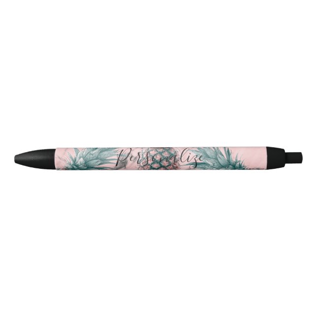 Pineapple & Pink Marble Swirl Modern Tropical Chic Blue Ink Pen (Front)
