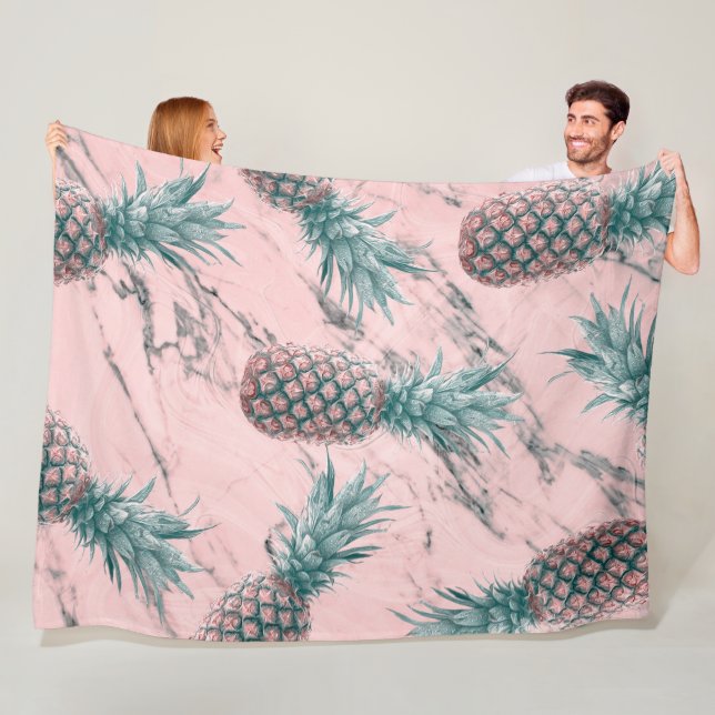Pineapple & Pink Marble Swirl Modern Tropical Chic Fleece Blanket (In Situ)