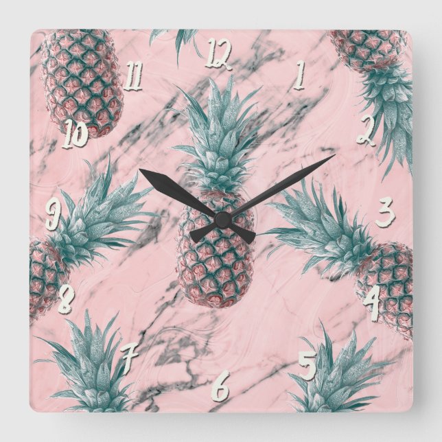 Pineapple & Pink Marble Swirl Modern Tropical Chic Square Wall Clock (Front)