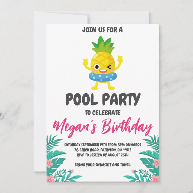 pineapple pool party invitations (Front)