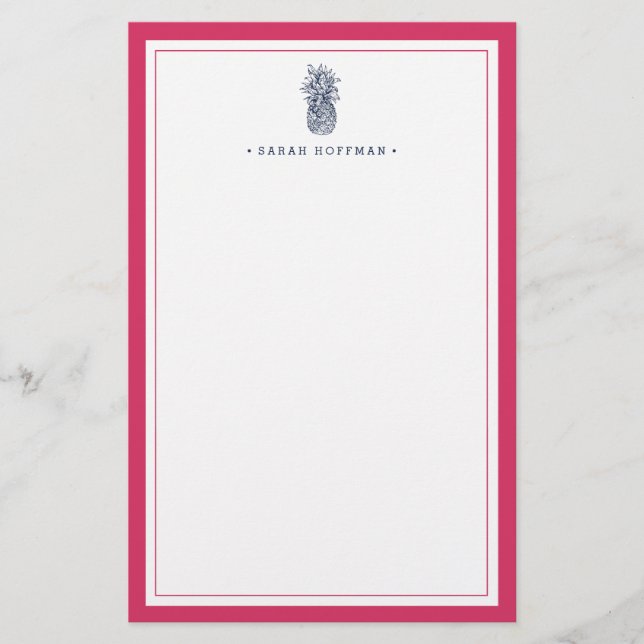Pineapple Prep | Pink & Navy Personalized Stationery (Front)