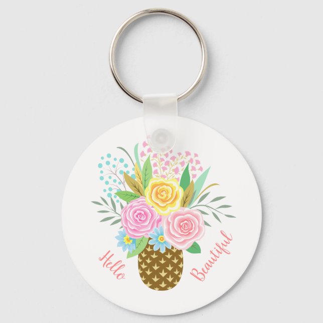 Pineapple Rose Bouquet Hello Beautiful Pink Yellow Keychain (Front)