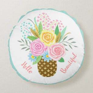 Pineapple Rose Bouquet Hello Beautiful Pink Yellow Round Pillow