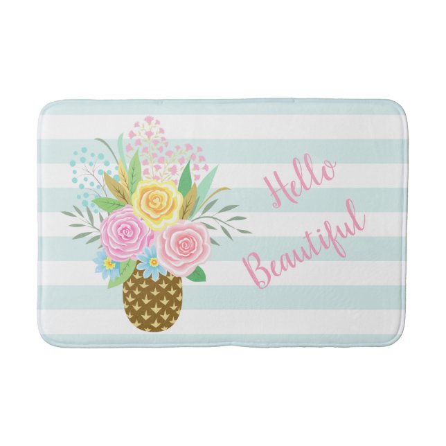 Pineapple Rose Bouquet Hello Beautiful Turquoise Bath Mat (Front)