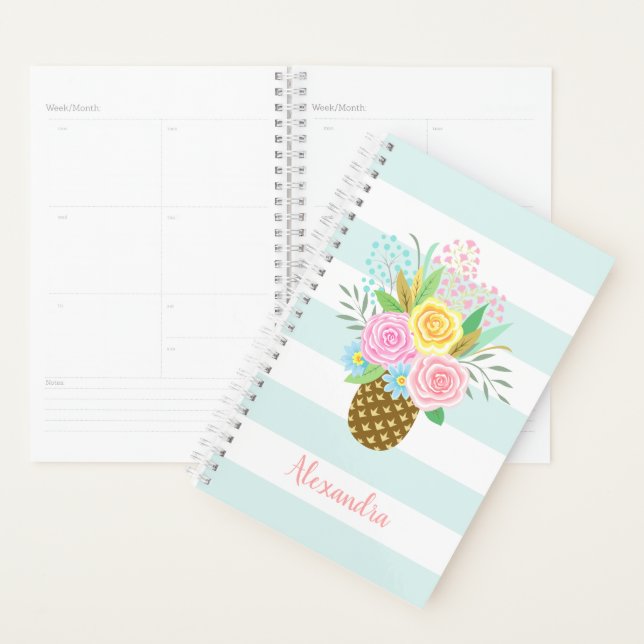 Pineapple Roses Bouquet Pink Turquoise Stripes Planner (Display)