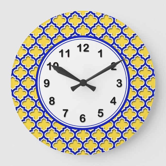 Pineapple Royal Blue Wht Moroccan Quatrefoil #5DS Large Clock (Front)