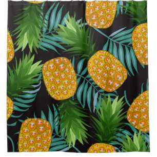 Pineapple seamless pattern with palm leaves on bla