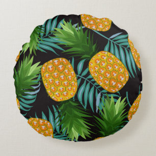Pineapple seamless pattern with palm leaves on bla round pillow