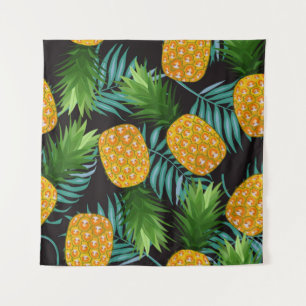 Pineapple seamless pattern with palm leaves on bla tapestry
