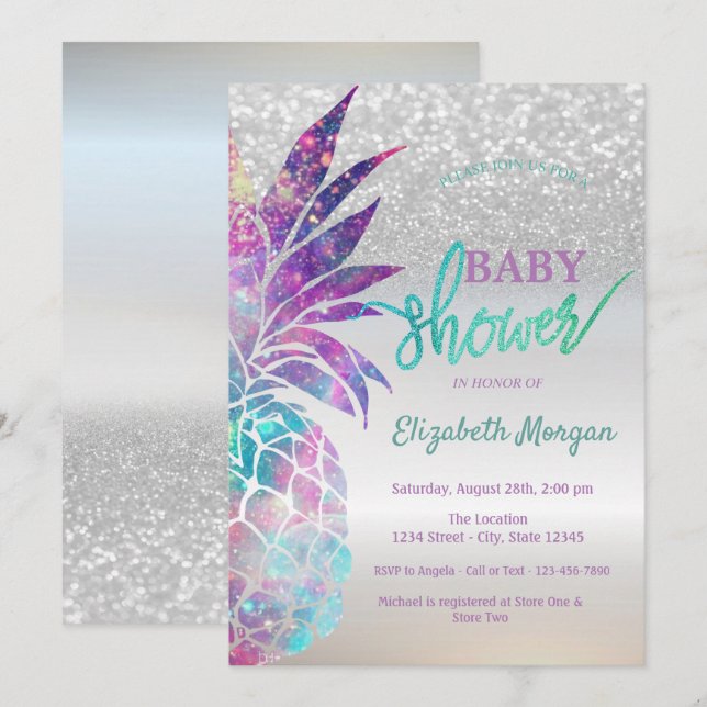 Pineapple Silver Glitter Bokeh Baby Shower Invitation (Front/Back)
