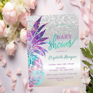 Pineapple Silver Glitter Bokeh Baby Shower Invitation