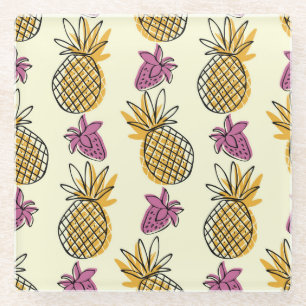 Pineapple, strawberry vintage textile design. glass coaster