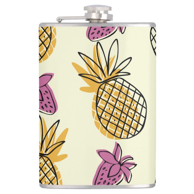 Pineapple, strawberry vintage textile design. hip flask (Front)