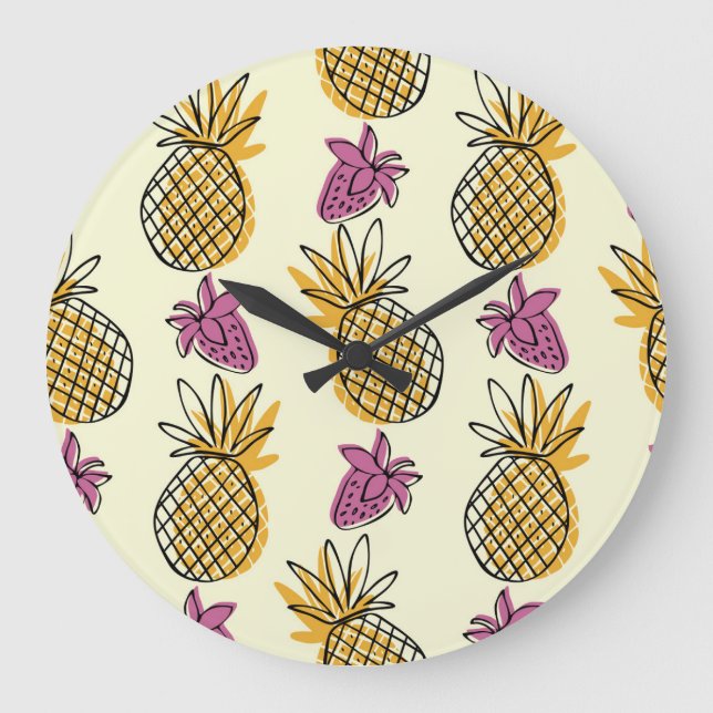 Pineapple, strawberry vintage textile design. large clock (Front)