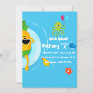 Pineapple Summer Splish Splash Kids Birthday Party Invitation