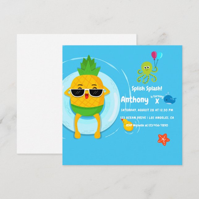 Pineapple Summer Splish Splash Kids Birthday Party Invitation (Front/Back)