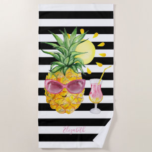  Pineapple,Sun,Cocktail Black White Stripes  Beach Towel