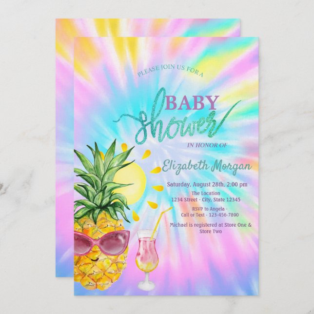 Pineapple,Sun,Cocktail Tie Dye Baby Shower Invitation (Front/Back)