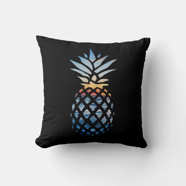 Pineapple Sunset and Blue Ocean Waves Throw Pillow (Front)