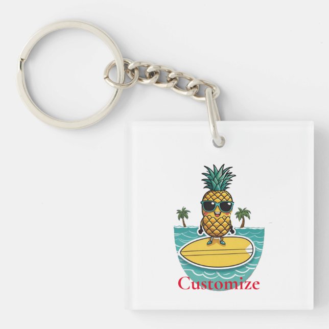 Pineapple Surfer Rides A Wave Thunder_Cove  Keychain (Front)