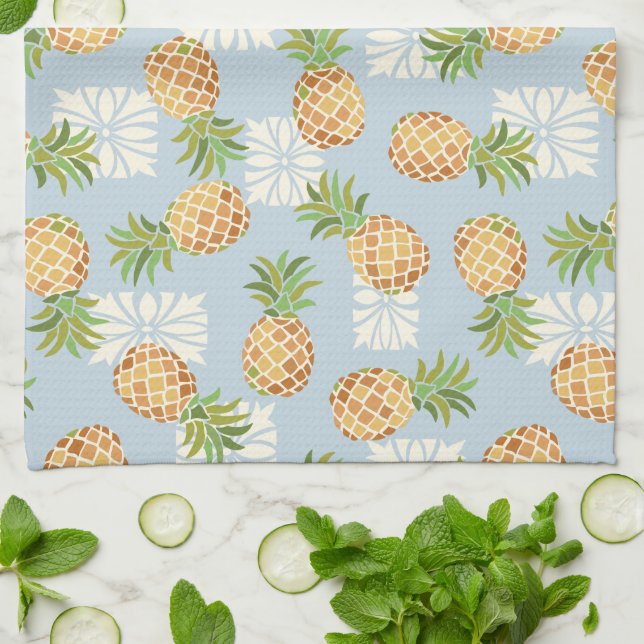 Pineapple Toss Soft Blue Kitchen Towel (Folded)