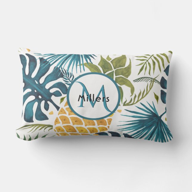 Pineapple tropical blue white monogram lumbar pillow (Front)