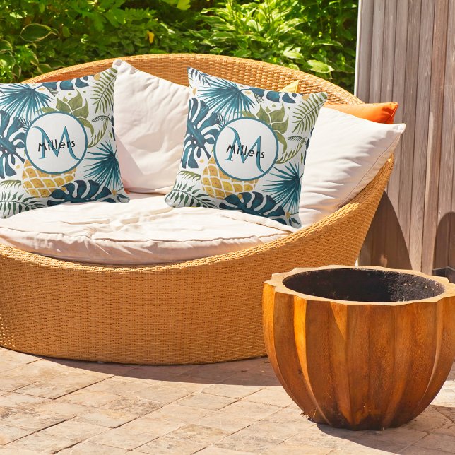 Pineapple tropical blue white monogram outdoor pillow (Creator Uploaded)