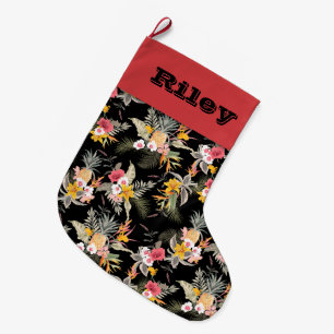Pineapple Tropical Floral on Black Large Christmas Stocking