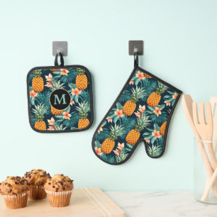 Pineapple Tropical Flower Pattern Monogram Oven Mitt & Pot Holder Set