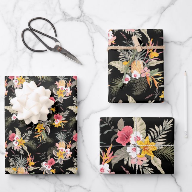 Pineapple Tropical Flowers Black  Wrapping Paper Sheet (Front)