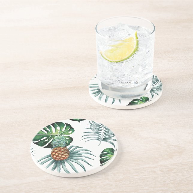 Pineapple Tropical fruit & leaf watercolor pattern Coaster (Side)