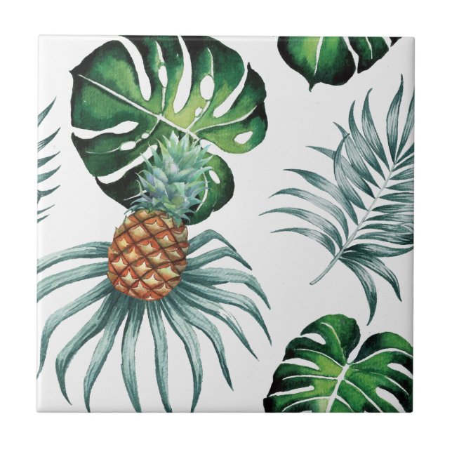 Pineapple Tropical fruit & leaf watercolor pattern Tile (Front)
