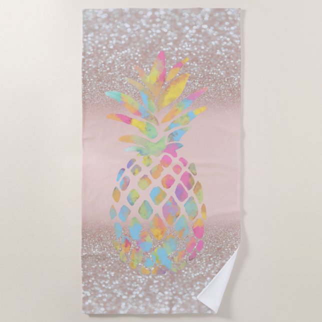 Pineapple Tropical Glitter Bokeh Beach Towel (Front)