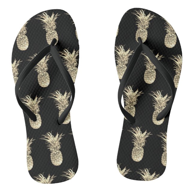 Pineapple Tropical Gold Black Pattern Flip Flops (Footbed)