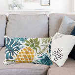 Pineapple tropical palm leaves lumbar pillow<br><div class="desc">A large tropical golden pineapple on a blue and green coloured palm tree leaves foliage pattern. White background.</div>