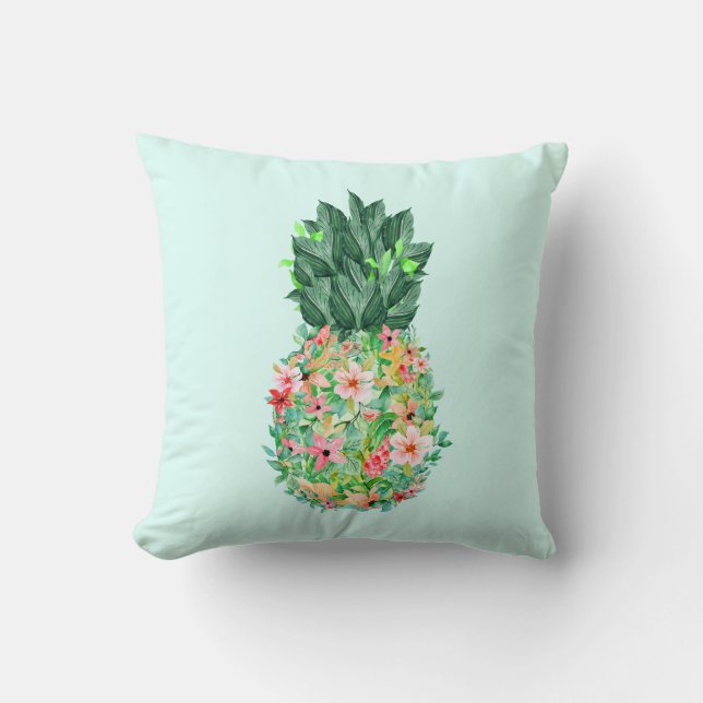 Pineapple Tropical Watercolor Flowers Throw Pillow (Front)