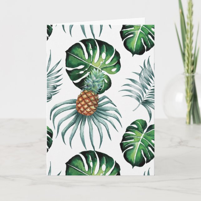 Pineapple Tropical Watercolor Jungle Palm Pattern Card (Front)