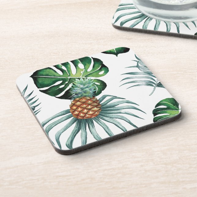 Pineapple Tropical Watercolor Jungle Palm Pattern Coaster (Left Side)