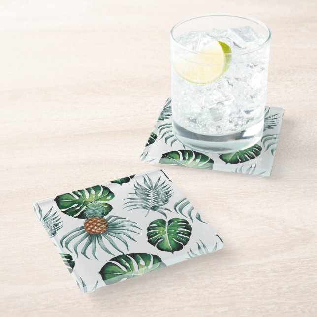 Pineapple Tropical Watercolor Jungle Palm Pattern Glass Coaster (Angled)