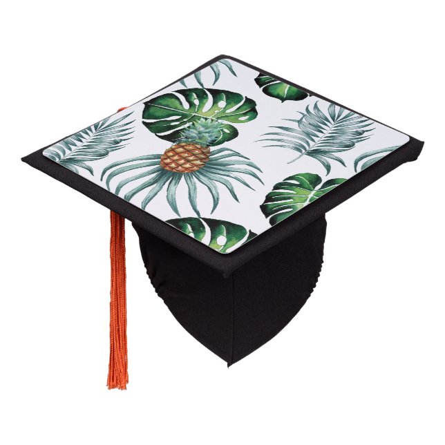 Pineapple Tropical Watercolor Jungle Palm Pattern Graduation Cap Topper (Angled)