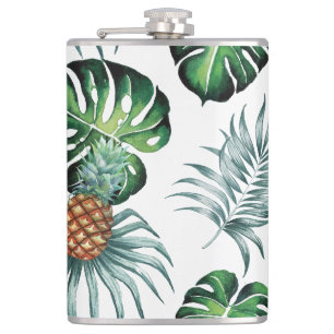 Pineapple Tropical Watercolor Jungle Palm Pattern Hip Flask
