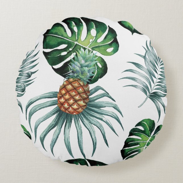 Pineapple Tropical Watercolor Jungle Palm Pattern Round Pillow (Front)