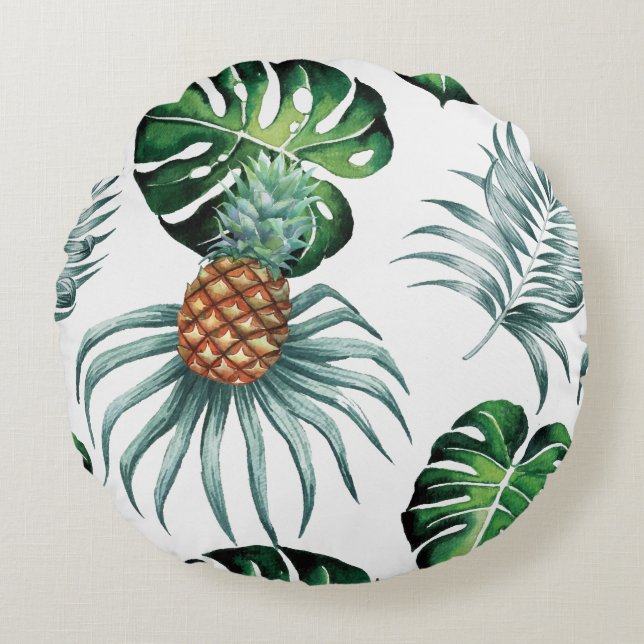Pineapple Tropical Watercolor Jungle Palm Pattern Round Pillow (Front)