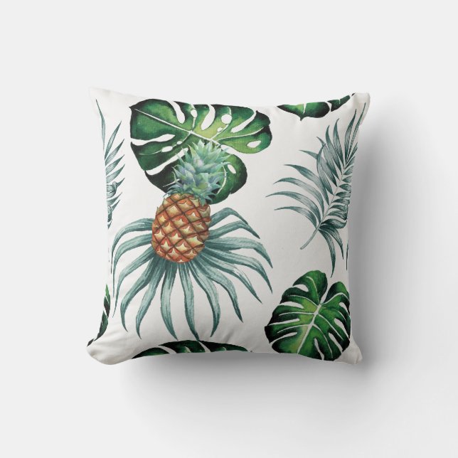 Pineapple Tropical Watercolor Jungle Palm Pattern Throw Pillow (Front)
