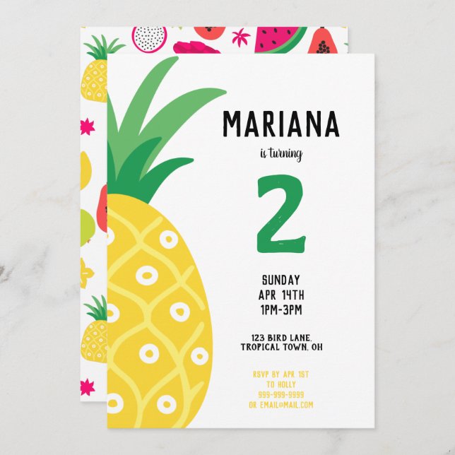 Pineapple Tutti Frutti Fruit Birthday Party Invitation (Front/Back)