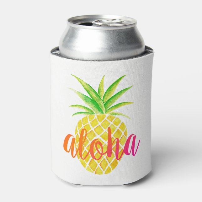 Pineapple Watercolor Tropical Monogram Can Cooler (Can Front)
