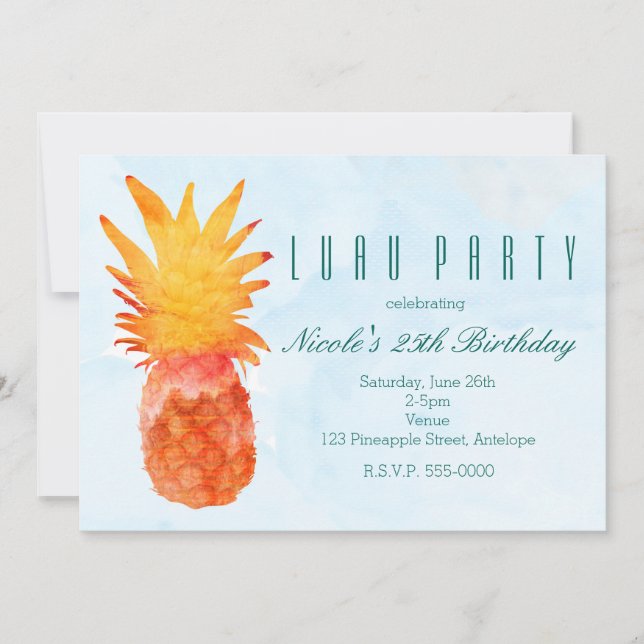 Pineapple Watercolor Tropical Party Invitations (Front)
