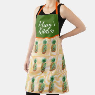 Pineapple Watercolor Yellow Stripe Mums Kitchen Apron