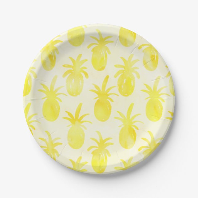 Pineapple watercolour yellow pattern paper plate (Front)